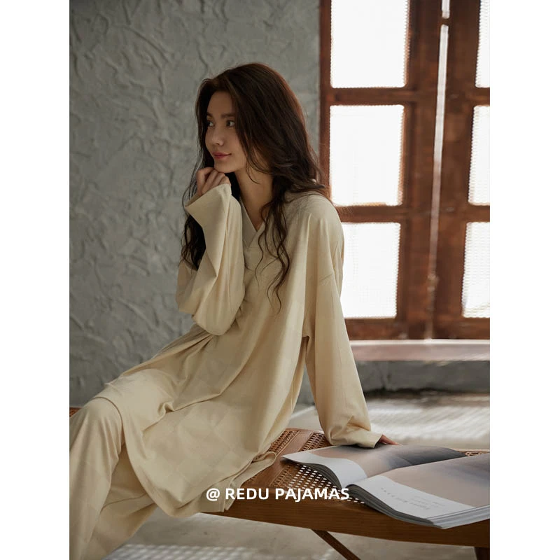 热妒睡衣女V领春秋款格子柔软棉长袖长裤带胸垫一体家居服套装