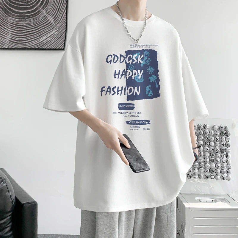 夏季新款纯棉短袖t恤男潮流印花宽松半袖体恤衫大码情侣装打底衫