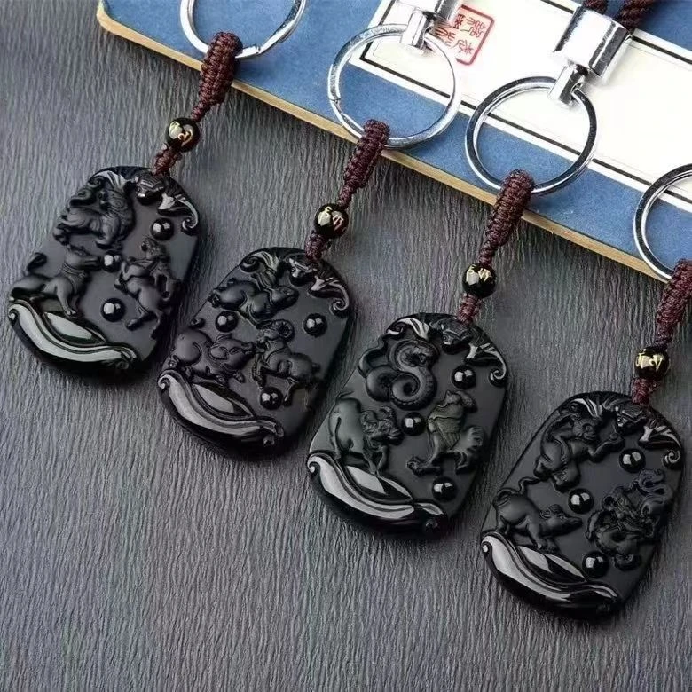 黑曜石猴鼠龙猪兔羊虎马狗蛇鸡牛三合贵人吊坠男女款车钥匙扣包挂