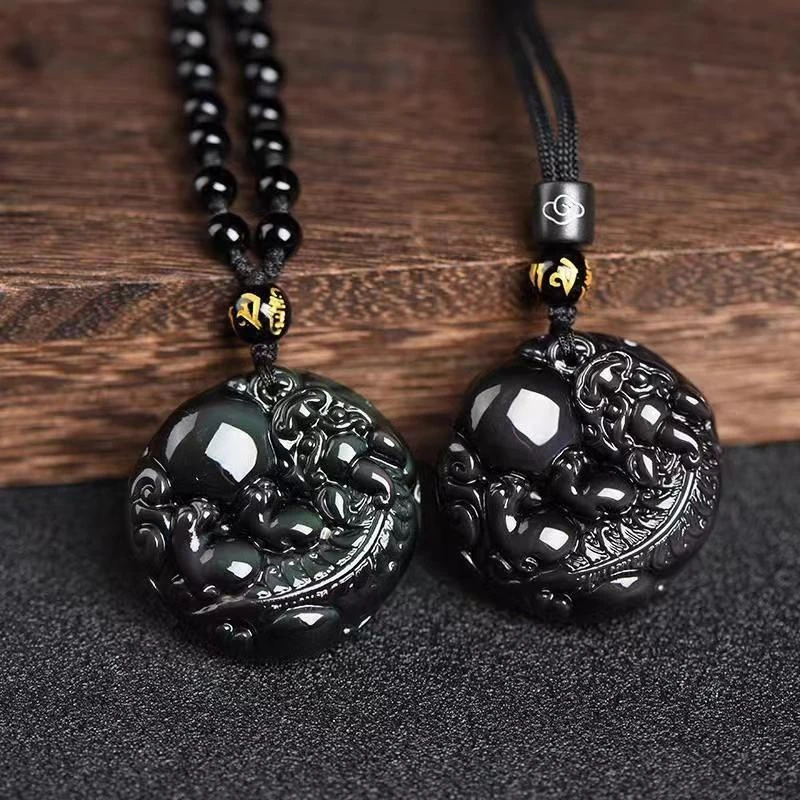 天然彩虹眼黑曜石貔貅吊坠有求必应项链男女款招财转运本命年礼物