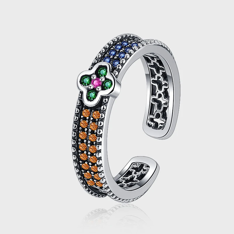 KADIPPAR/卡地派 925银合成锆石戒指 复古彩锆四叶草戒指 KDP1419