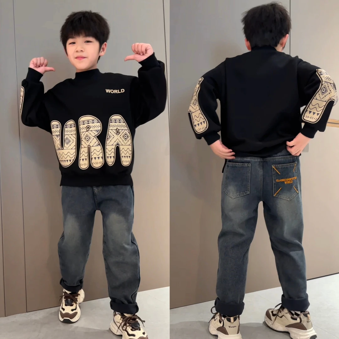 男童牛仔裤秋冬款2024新款儿童裤子冬季加绒中大童休闲宽松牛仔裤