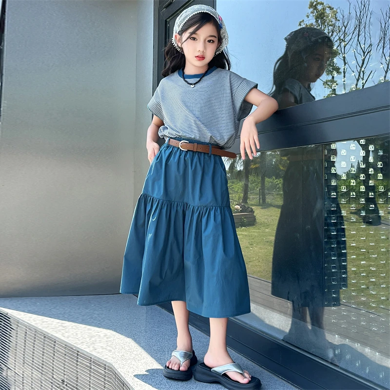女童半身裙夏装2024新洋气儿童夏季条纹套装女大童装网红时髦裙子