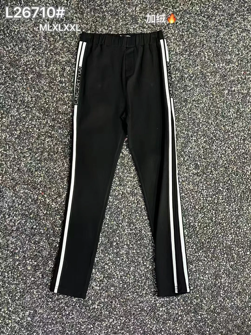 LY家26710#秋冬字母刺绣白条纹拼接松紧腰加绒百搭打底裤