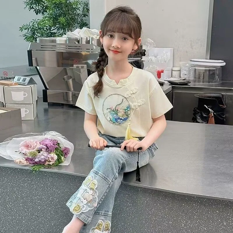 女童夏季套装2024新款洋气中大童夏装牛仔裤中式短袖两件套