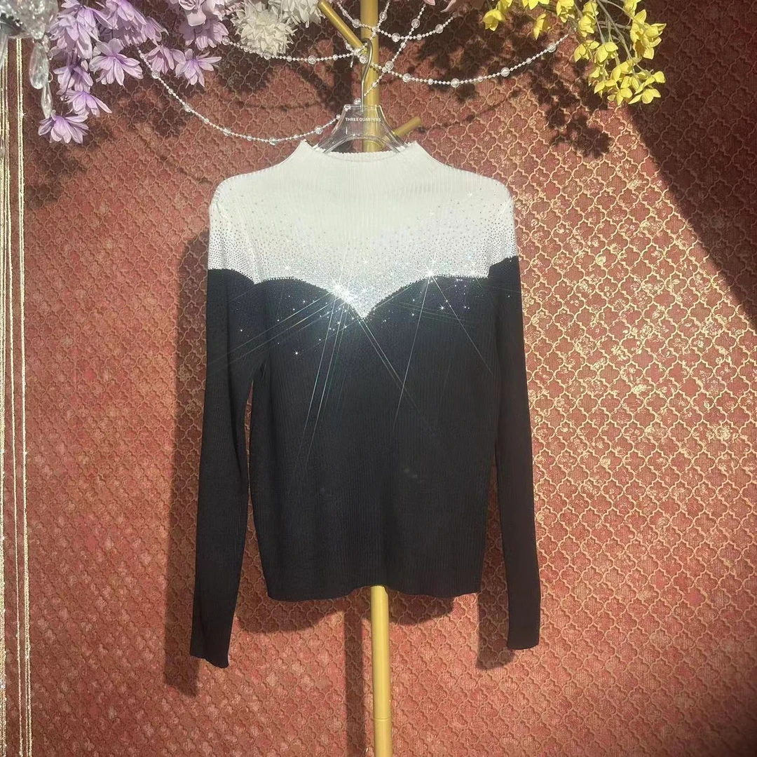 重工烫钻黑白闪耀百搭名媛轻奢定制款女子打底衫