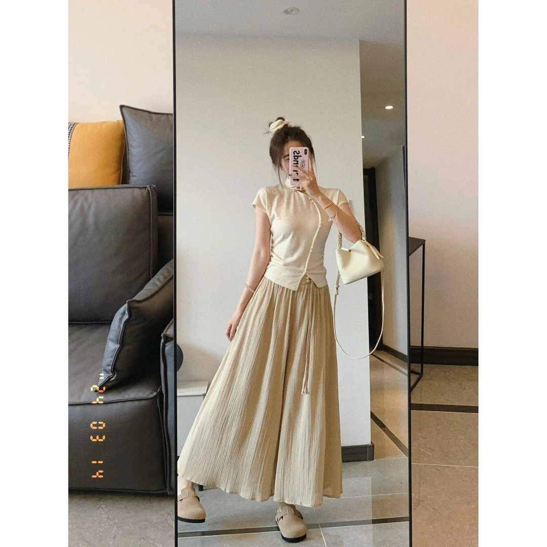 新中式国风不规则修身短袖T恤上衣高腰休闲阔腿裙裤两件套套装夏