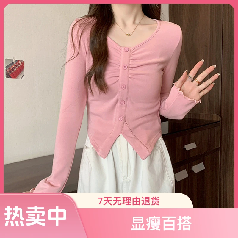 V领显瘦小众T恤女早秋新款法式短款不规则褶皱开叉内搭打底上衣潮