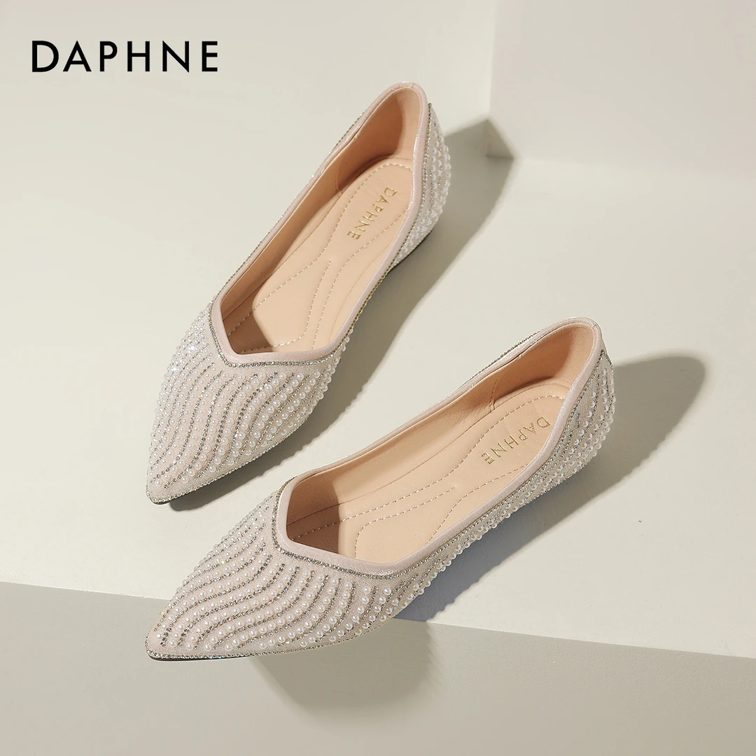 达芙妮小香风单鞋女2024新款春季女鞋夏季尖头瓢鞋水钻珍珠平底鞋