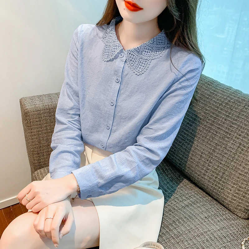 2024春秋季新款棉布长袖衬衫女士衬衣气质百搭时尚拼接花边领上衣