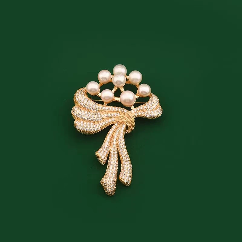黄铜合成锆石胸针 6641 珠珠手捧花 精致高档天然珠胸花别针吊坠