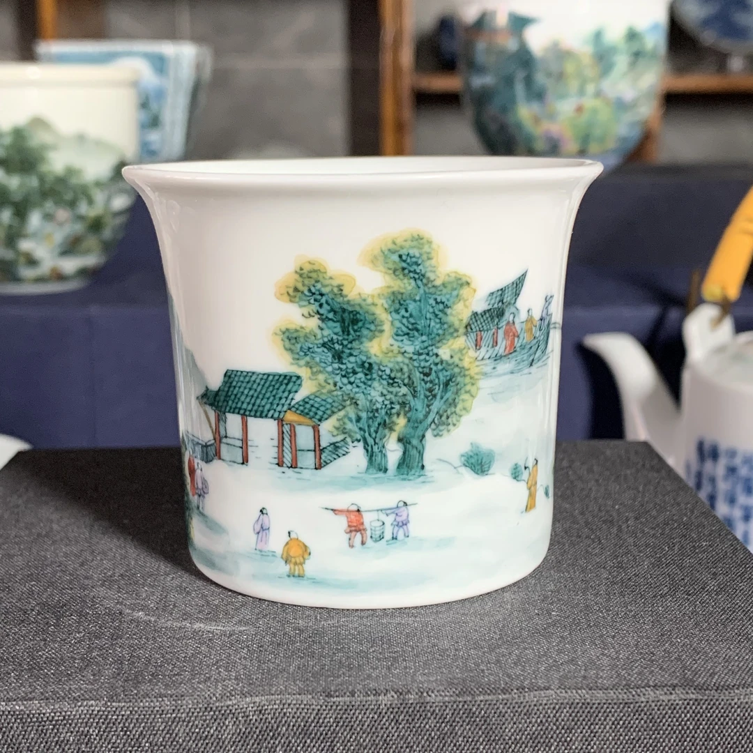 青远堂柴窑釉下白瓷五彩山水主人杯茶杯