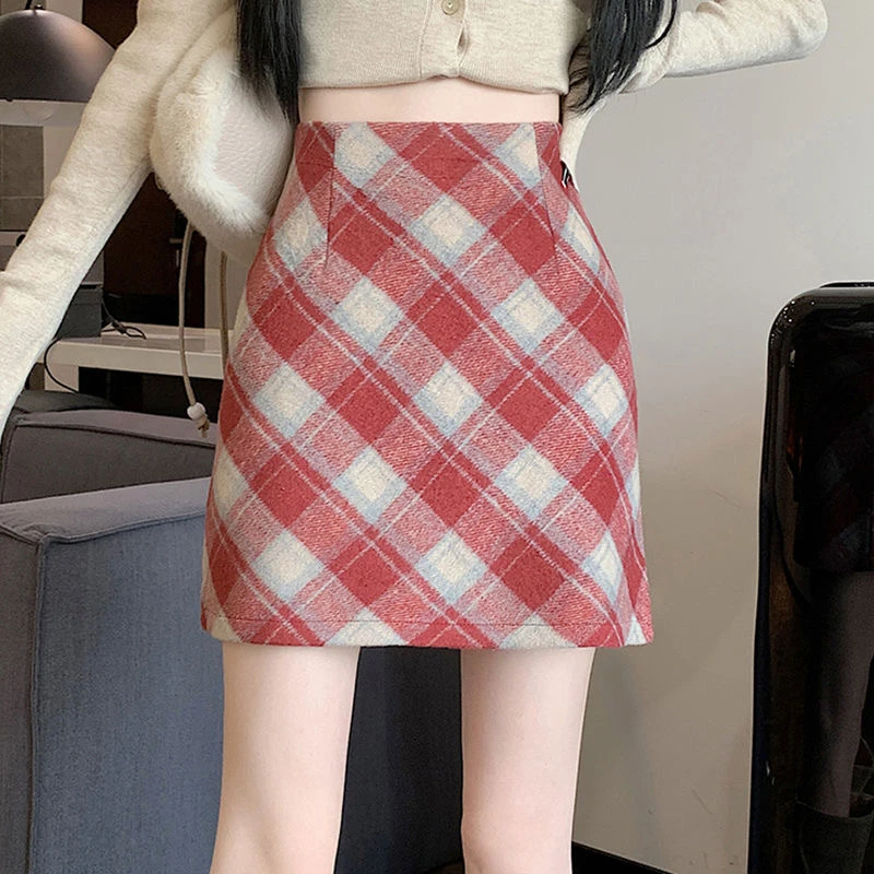 半身毛呢裙显瘦半身裙春秋小个子高腰百搭复古格子韩版秋冬短裙子