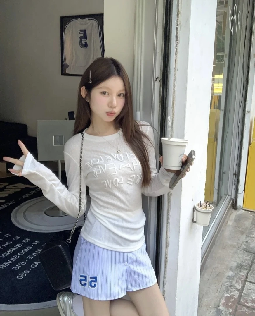 ICCLEK 白色字母长袖打底T恤 气质 轻奢 名媛 -2914