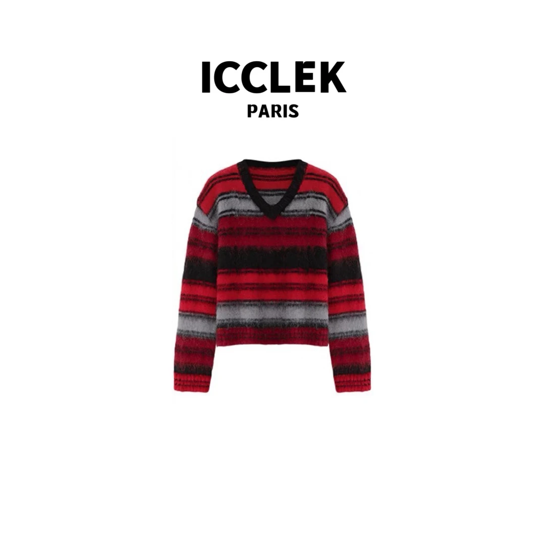 ICCLEK V领条纹刺绣长袖针织衫 气质 轻奢 名媛 -4106