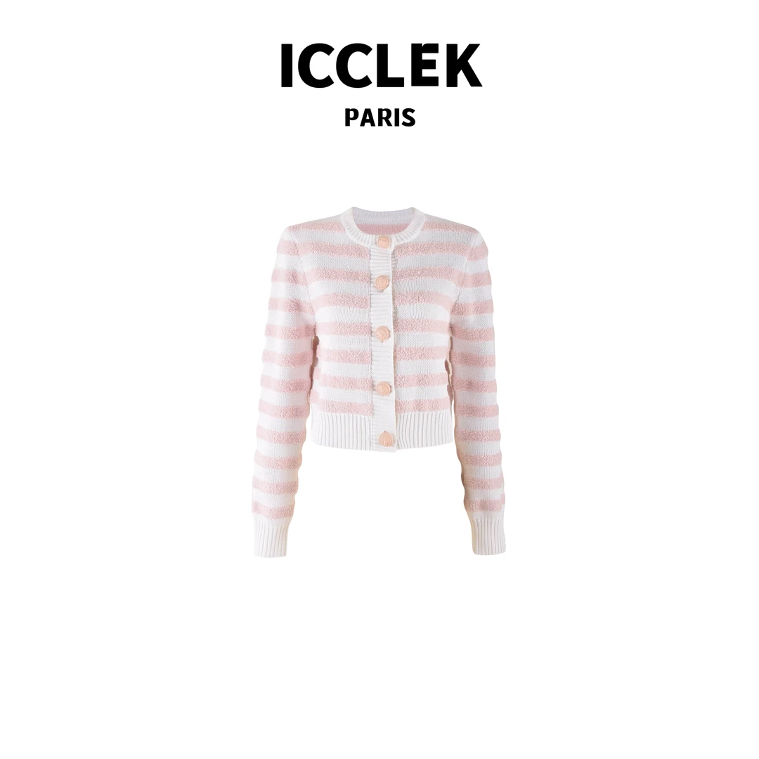 ICCLEK 粉色条纹长袖针织衫 气质 轻奢 名媛 -2852