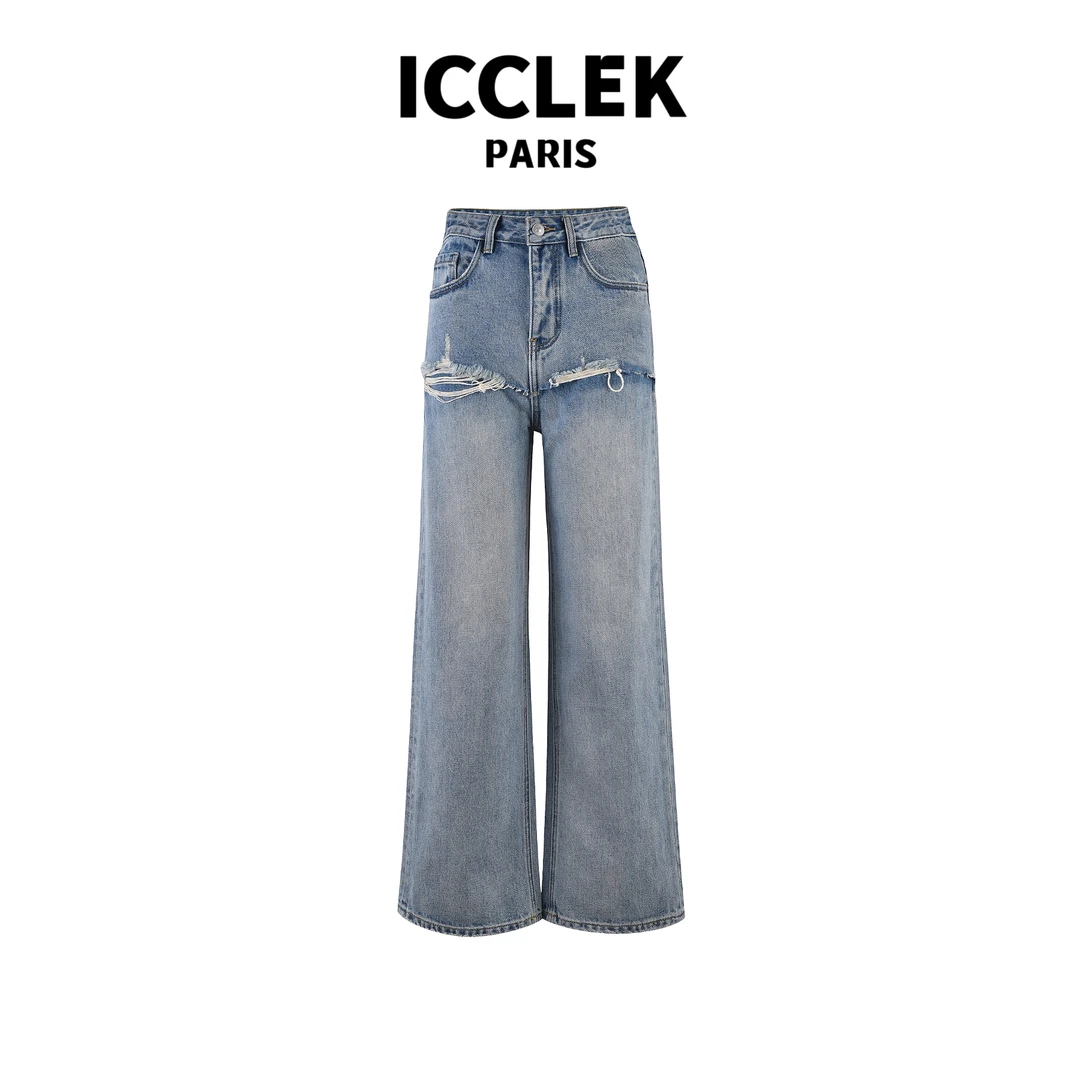 ICCLEK   高腰直筒百搭牛仔裤  气质 秋季 百搭 -2801