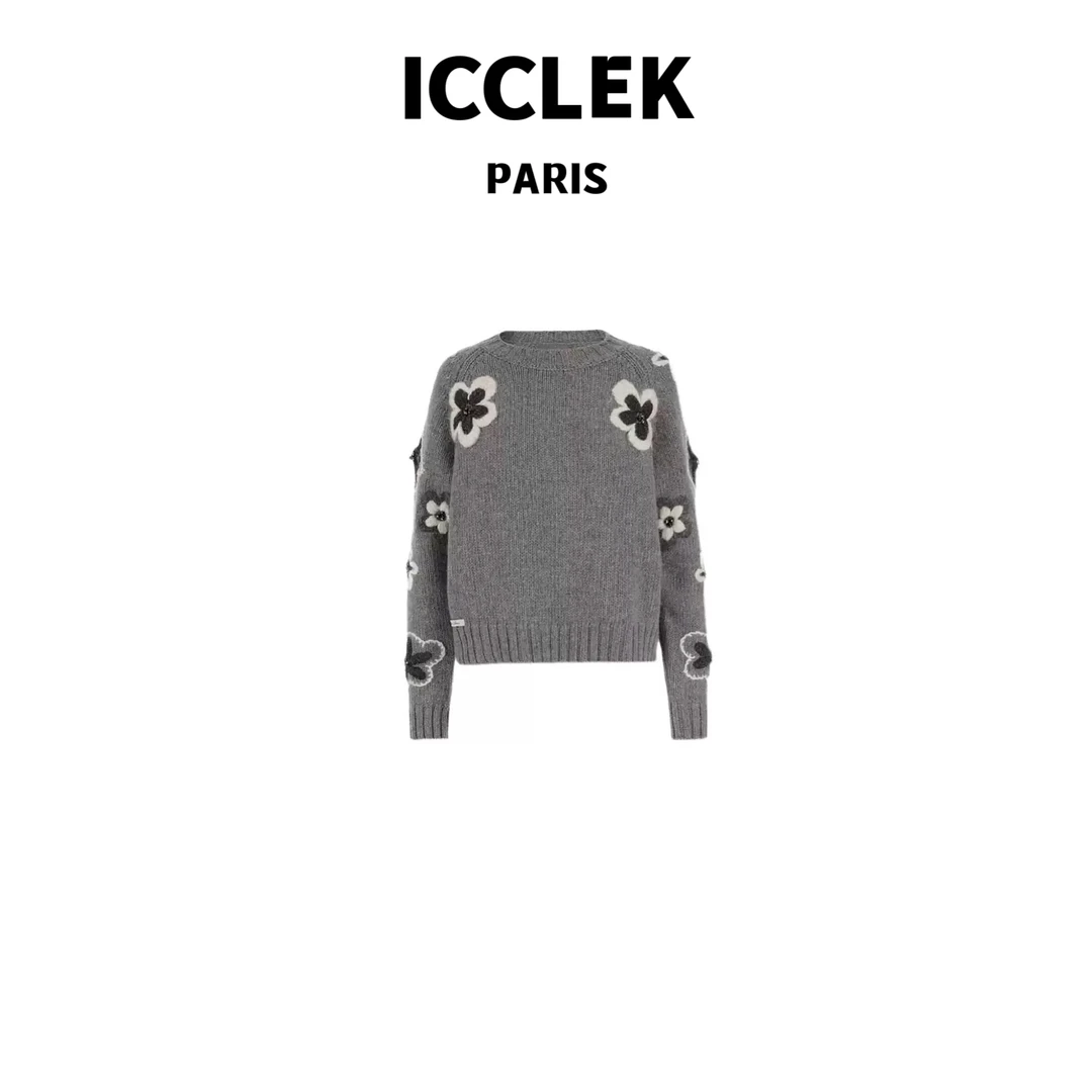 ICCLEK 灰色圆领手工花朵字长袖针织衫 气质 轻奢 名媛 -3567
