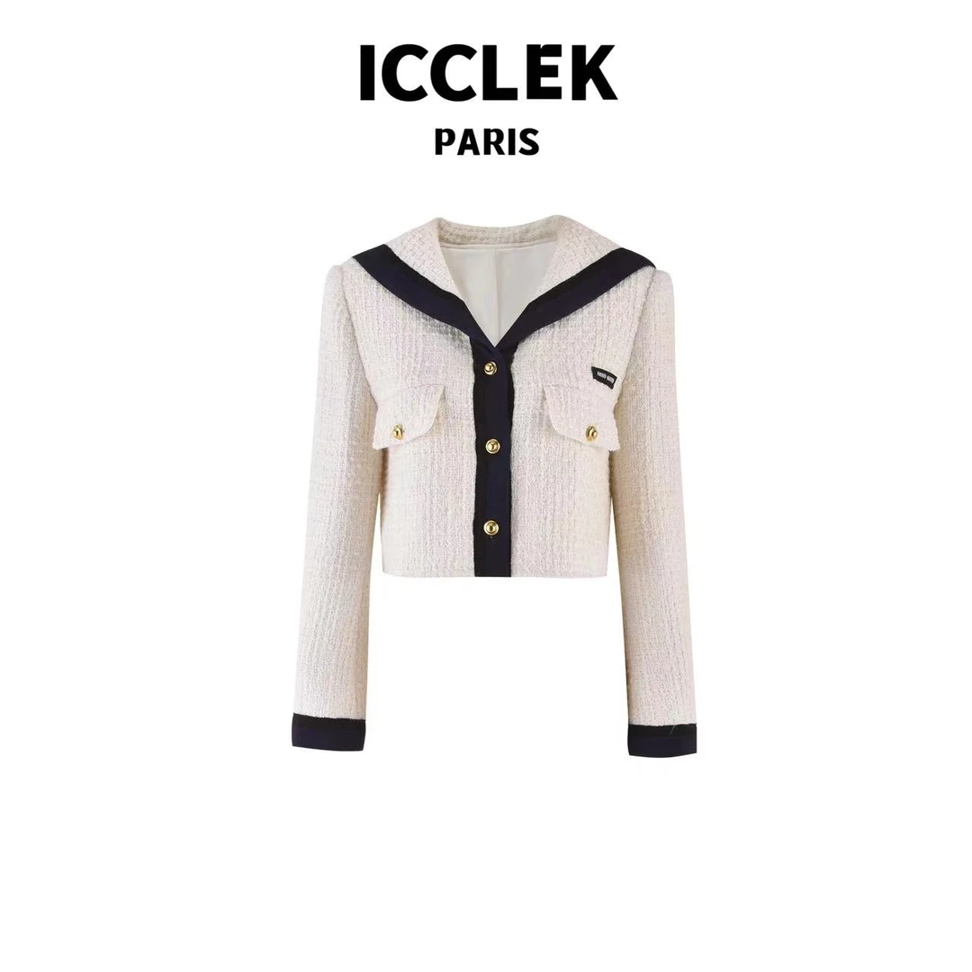 【现货】ICCLEK 海军领粗花呢早秋短款外套 -3034
