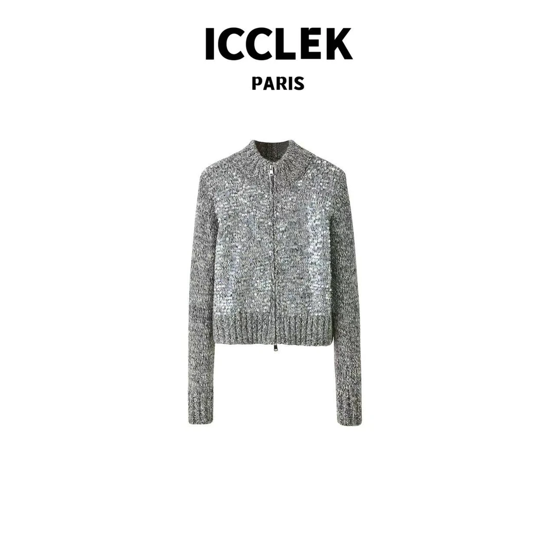 ICCLEK 灰色立领亮片长袖针织开衫 气质 轻奢 名媛 -3129