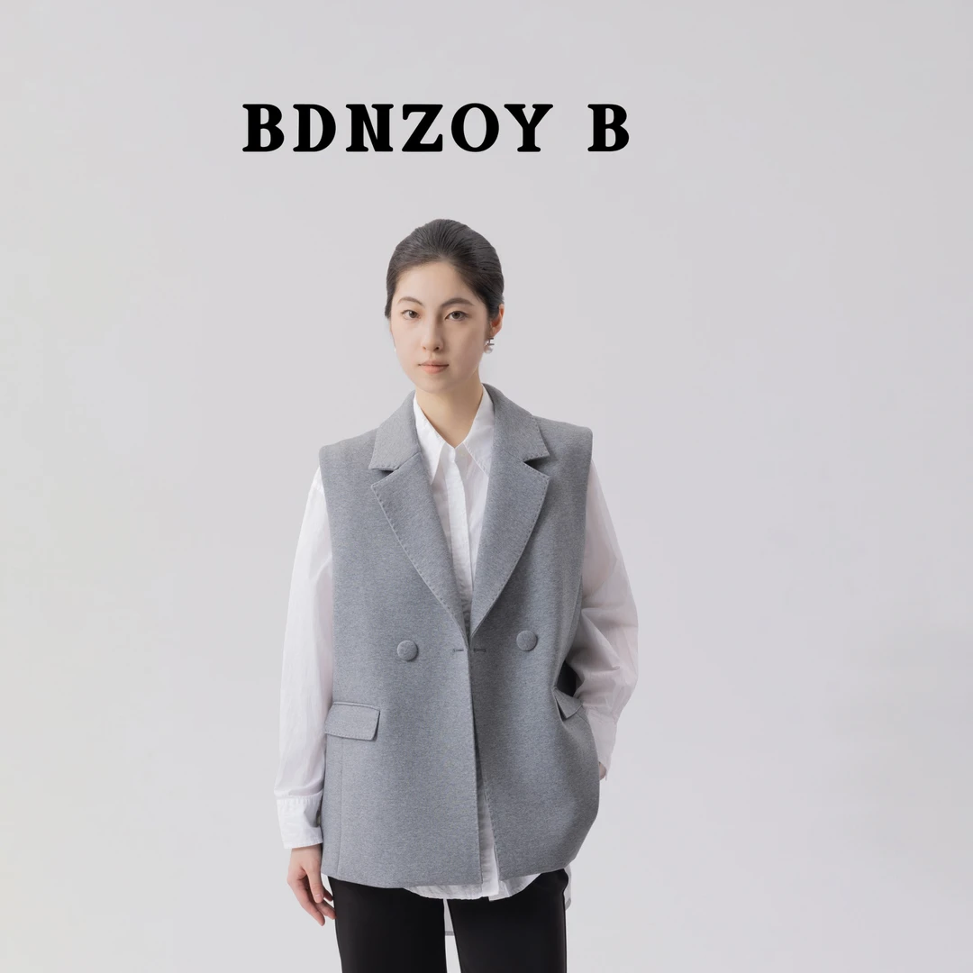 BDNZOY B 时尚休闲宽松双排扣马甲女灰色通勤商务秋无袖马夹0024