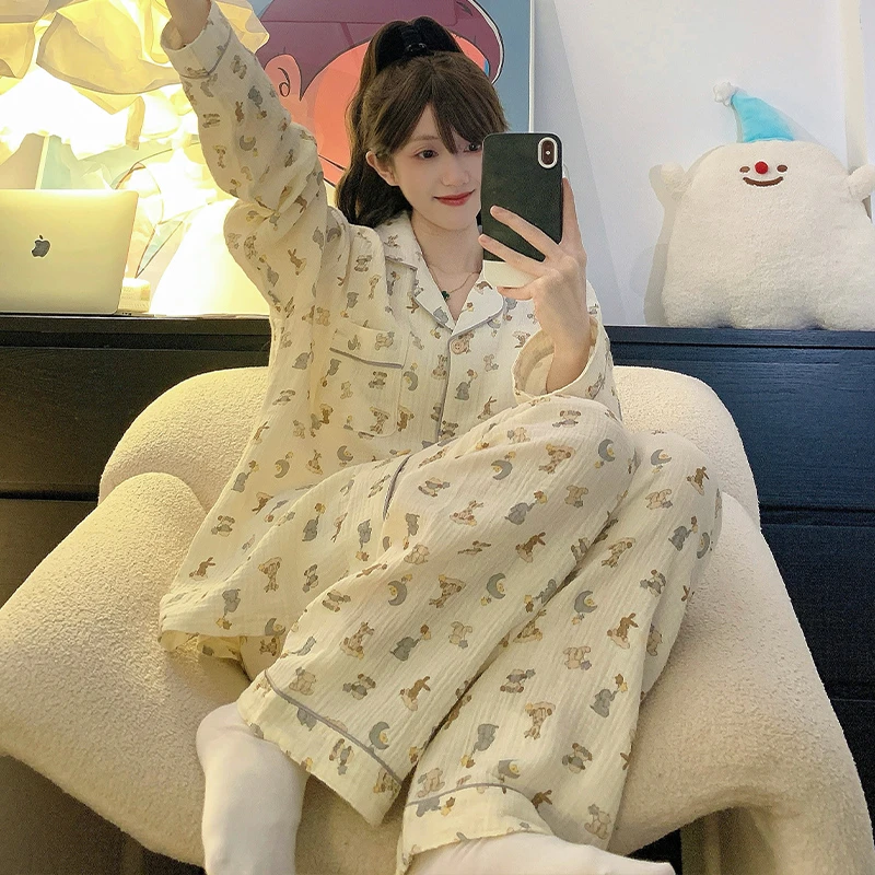 2024新款秋季婴儿纱布棉睡衣纯棉纱布长袖长裤睡衣两件家居服套装