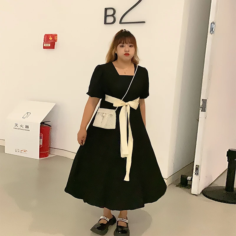 【清仓】大码女装夏季法式方领蝴蝶结绑带胖mm显瘦长款连衣裙小黑裙