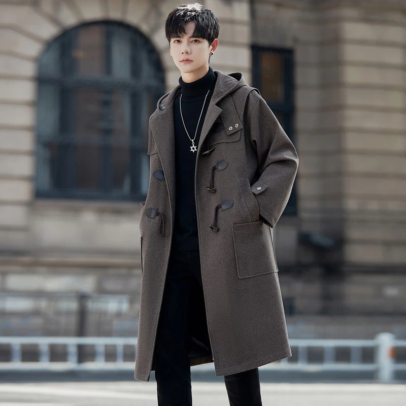 牛角扣连帽毛呢大衣男士中长款秋冬季痞帅高级感潮牌男装风衣外套