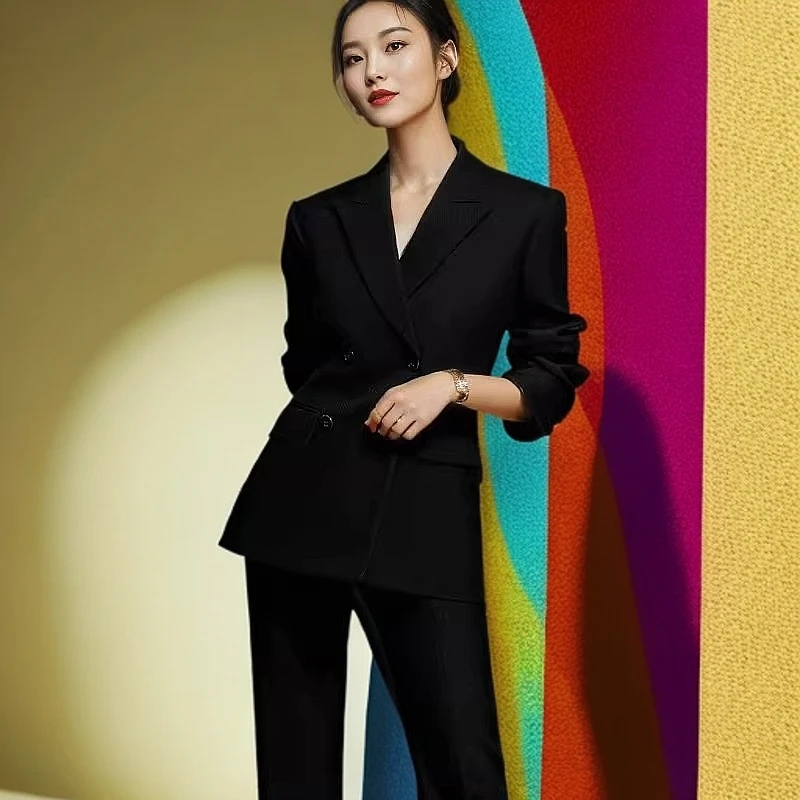 正装厅里厅气衣服女装黑色感西装商务干练气质职业西服裤子两件套