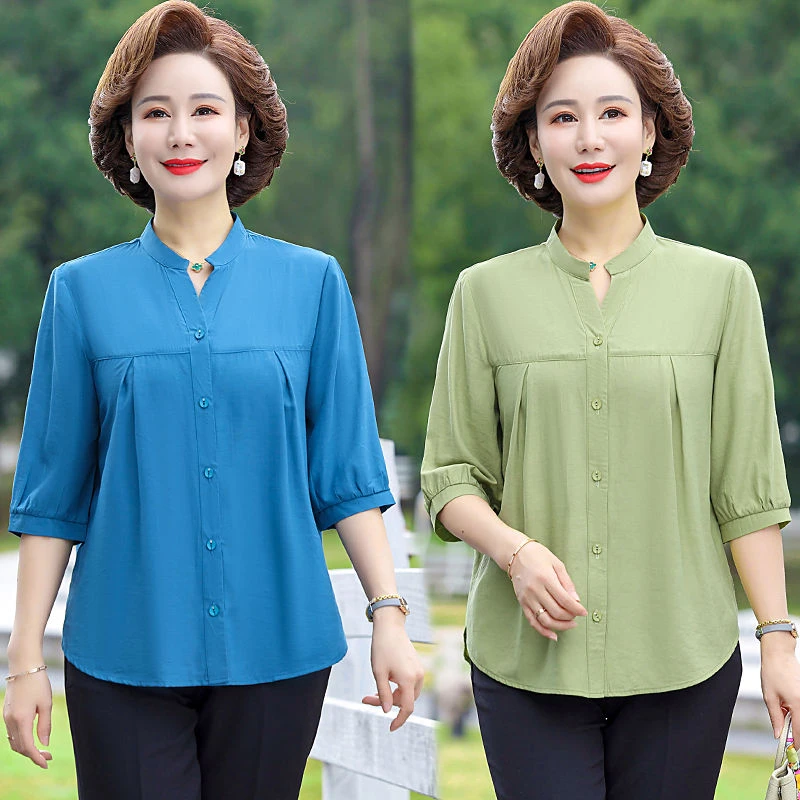 2023春夏新款中袖衬衫女宽松洋气小衫百搭中年妈妈装夏季纯色上衣
