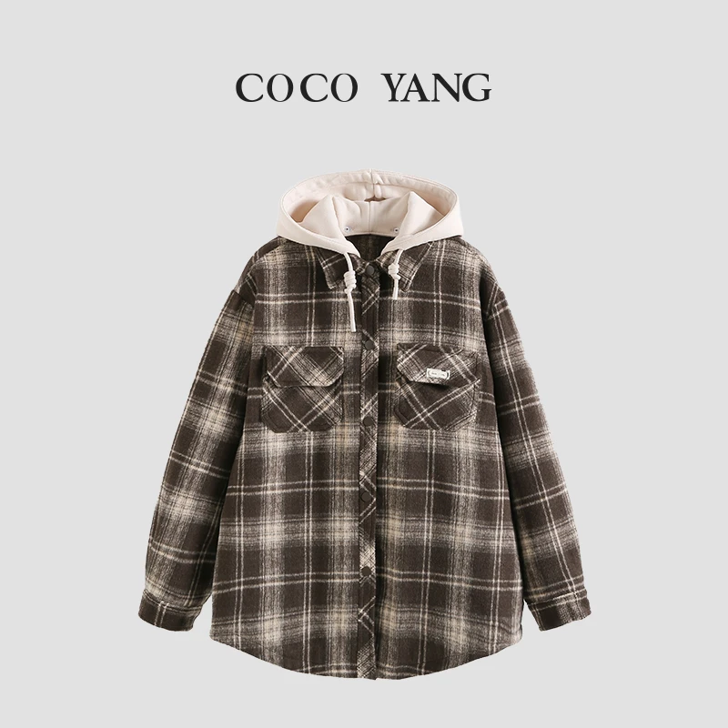 秋冬高品质女大童夹棉连帽可拆衬衫2024英伦复古格子长袖-YHW080