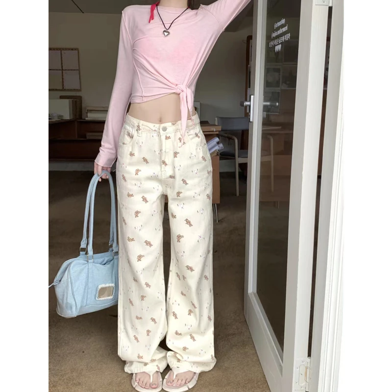 新款设计感小熊印花小众高腰直筒牛仔裤女秋季显瘦百搭宽松长裤潮