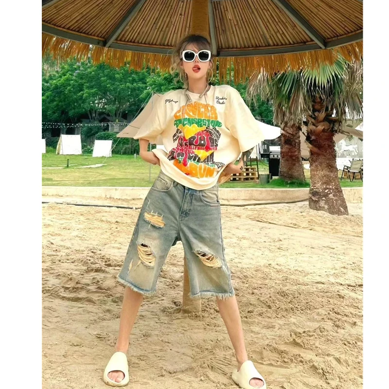 欧美vibe风美式高街破洞五分裤女复古百搭高腰显瘦直筒牛仔短裤潮