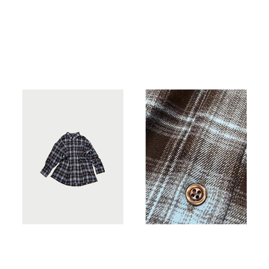 MAINRAY-「元气穿搭」美式字母刺绣棕蓝格纹女早秋脏染格子衬衣女