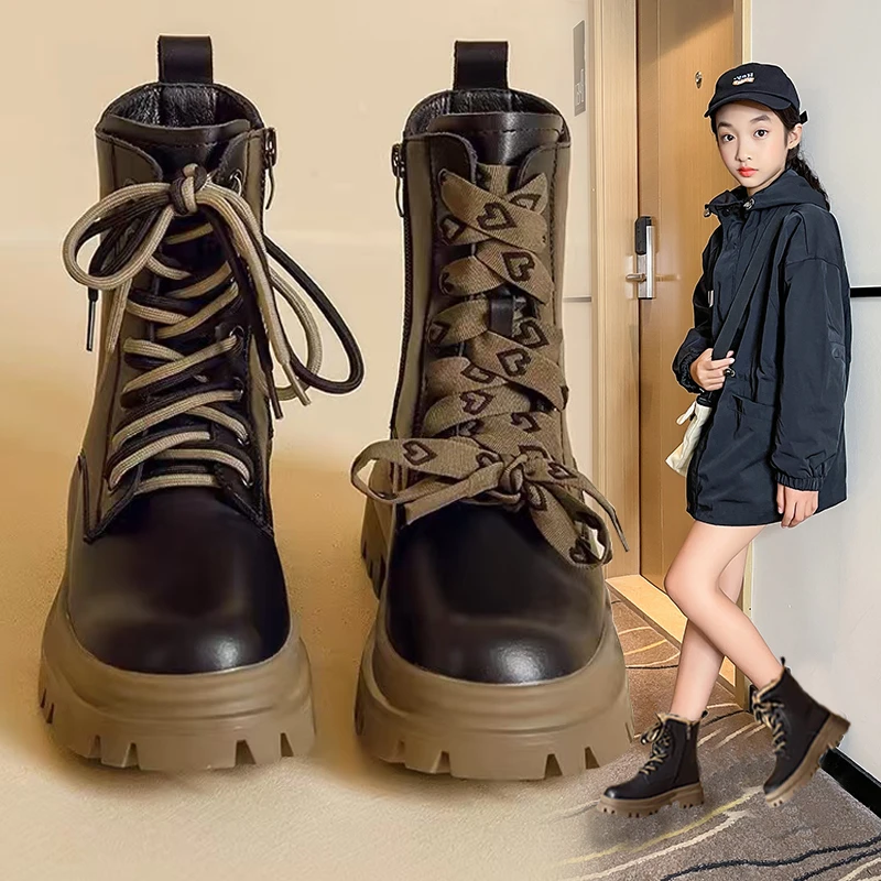 女童马丁靴冬季新款秋冬加绒加厚百搭儿童雪地靴中大童短靴冬鞋子