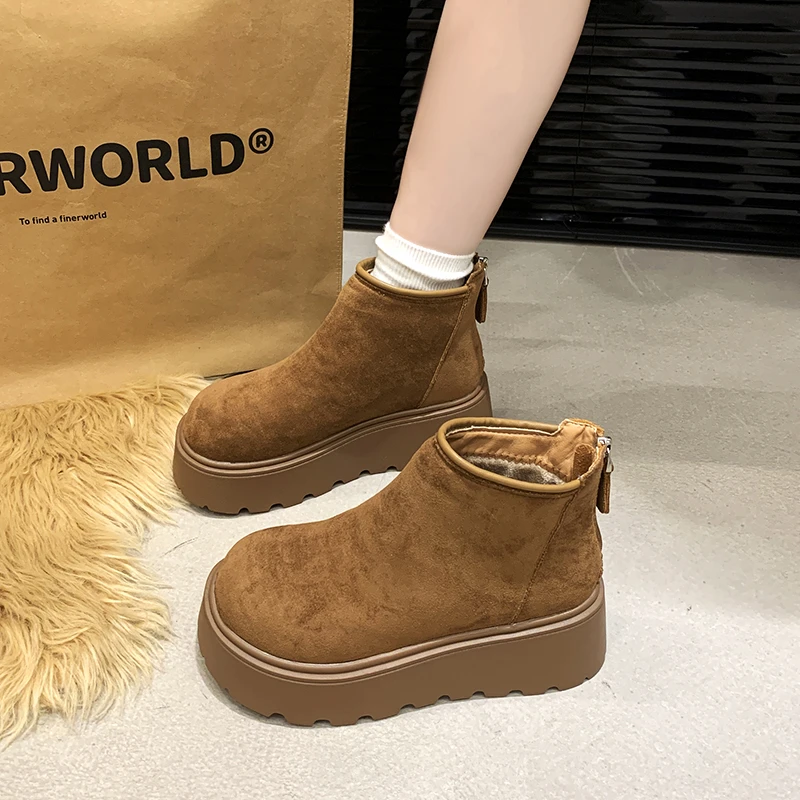 厚底雪地靴女款2024冬季新款加绒后拉链保暖棉靴时尚百搭休闲短靴