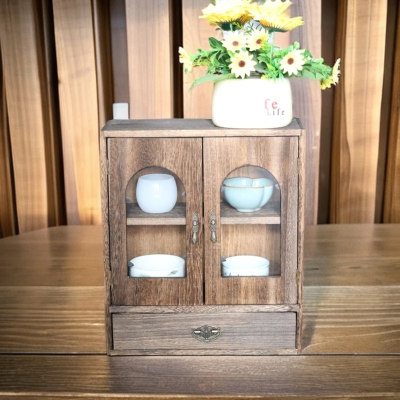 全实木收纳柜新中式复古透明家用格子储物柜防尘木质抽屉1144