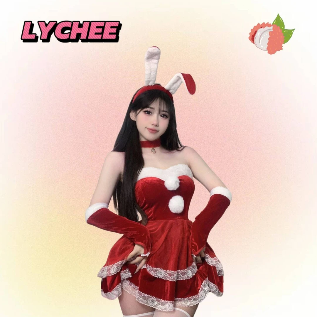 LYCHEE 圣诞节小众cos套装红色纯欲兔女郎连衣裙跨年穿搭甜美L49