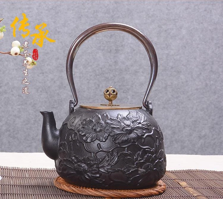 （1.2L牡丹盛开）日本铁壶南部铸铁壶无涂层生铁壶老铁壶烧水铁茶壶
