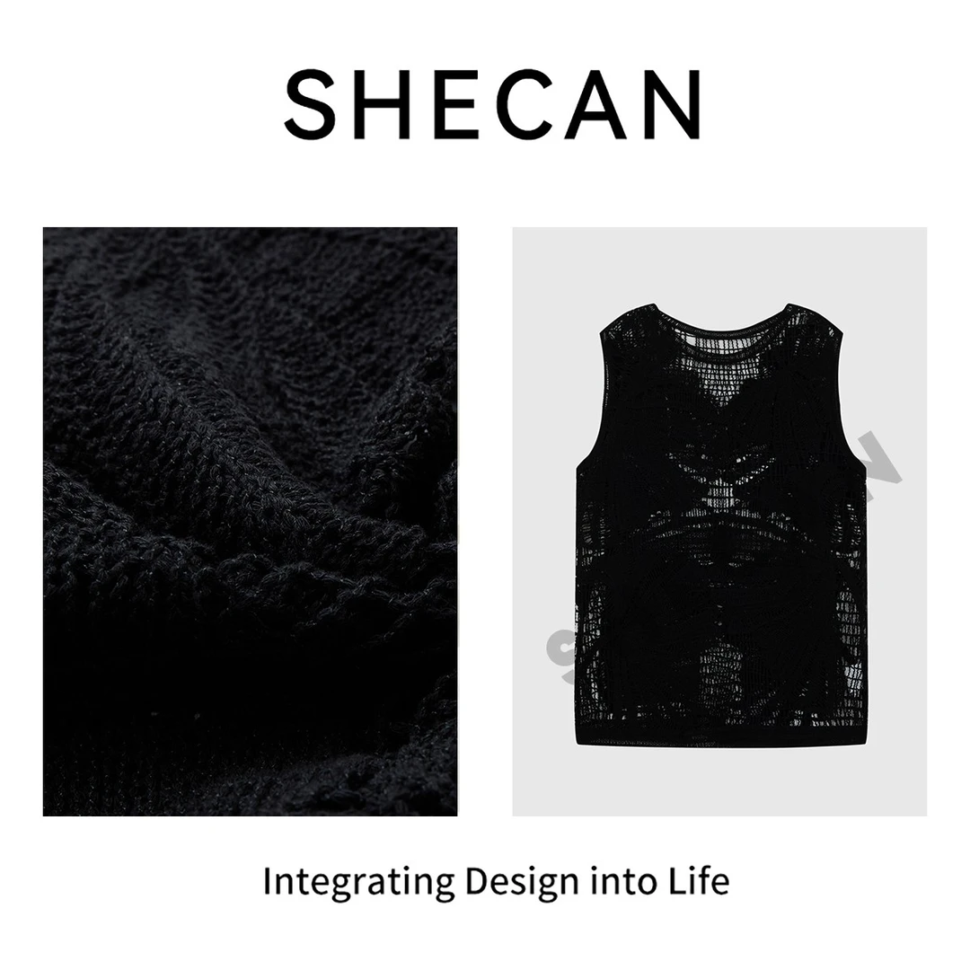 SHECAN【温妤半夏】夏季复古无袖上衣钩空镂花百搭显瘦蕾丝衫4XA023