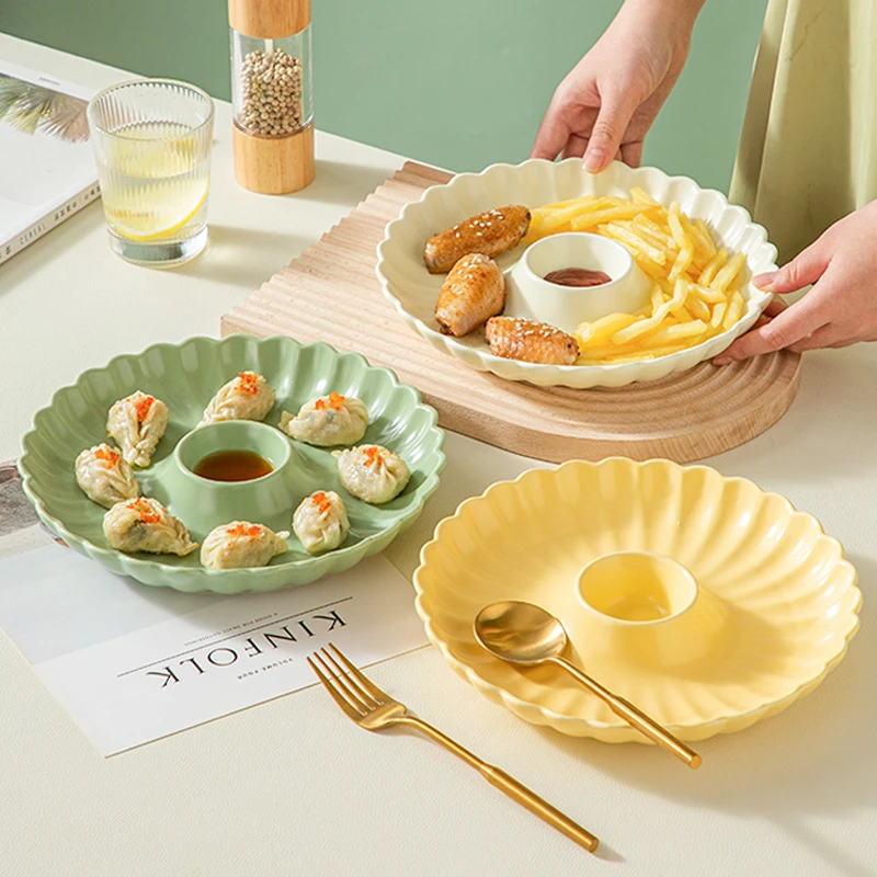 饺子盘陶瓷家用带蘸料碟盘创意分格餐盘寿司水饺专用盘大号 ins风
