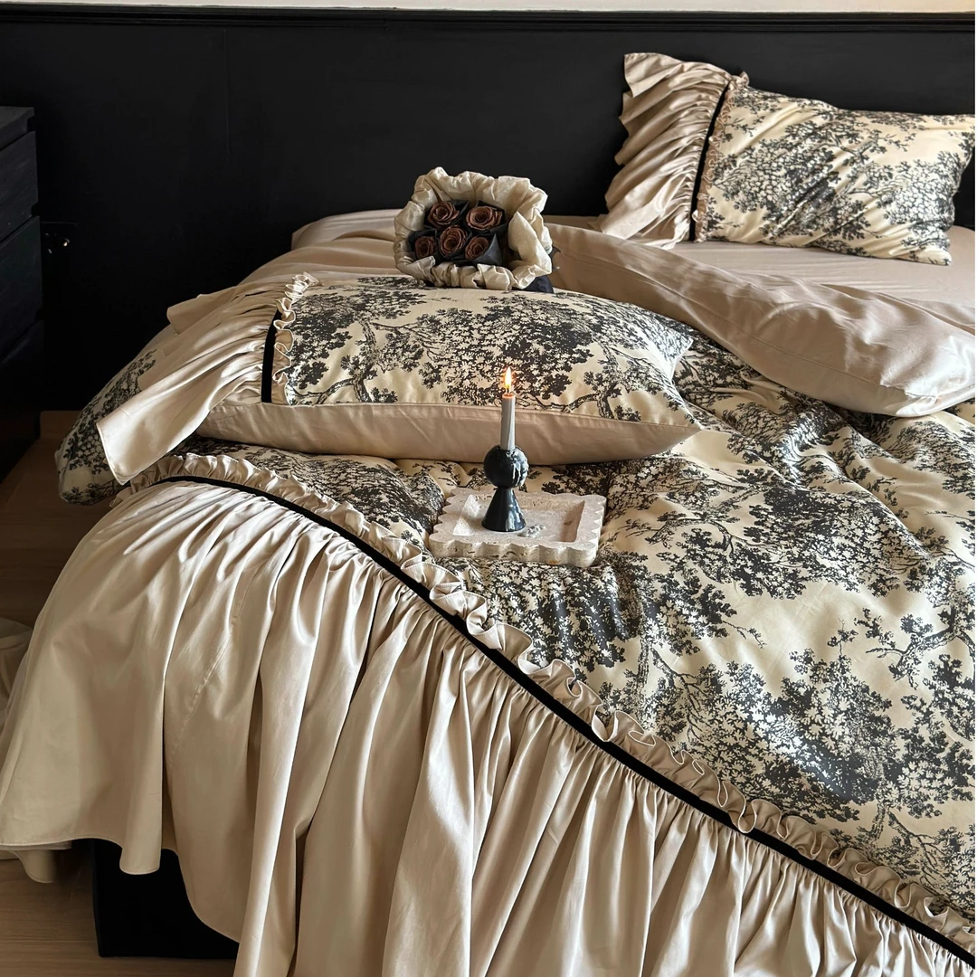 【海德琳】贡缎全棉法式高级四件套 复古手工打褶床上用品