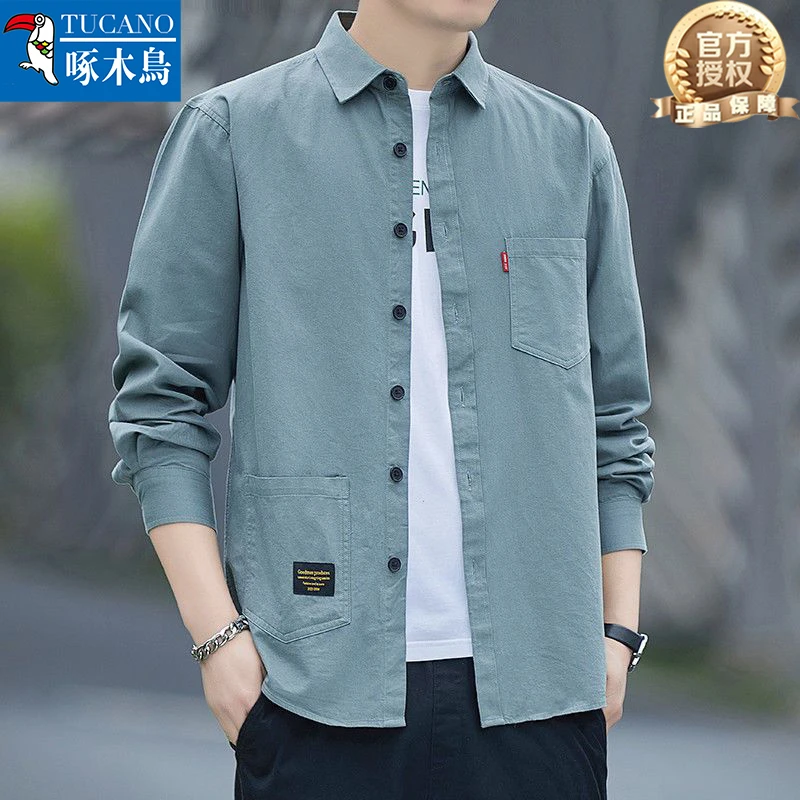 正品啄木鸟2024新款百搭休闲外穿衬衫男薄款纯色长袖工装衬衫外套