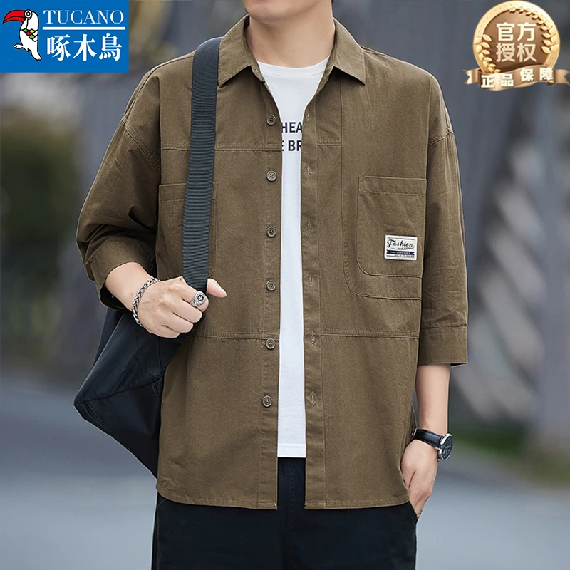 正品啄木鸟春夏季新款纯棉百搭简约短袖衬衫外套男纯色七分袖衬衣