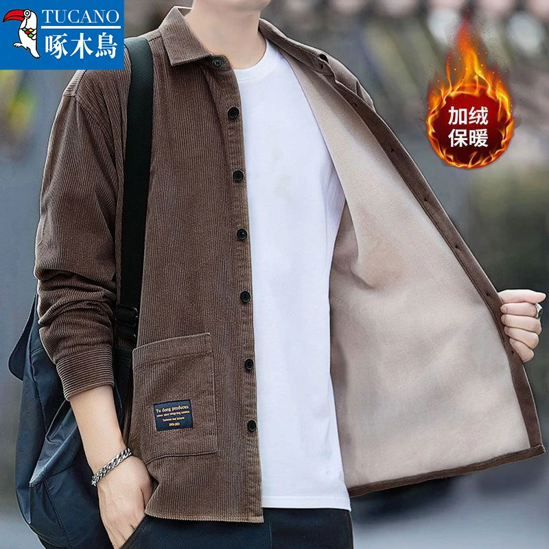 正品啄木鸟秋冬季加绒灯芯绒保暖外套百搭男士加绒加厚保暖衬衫潮
