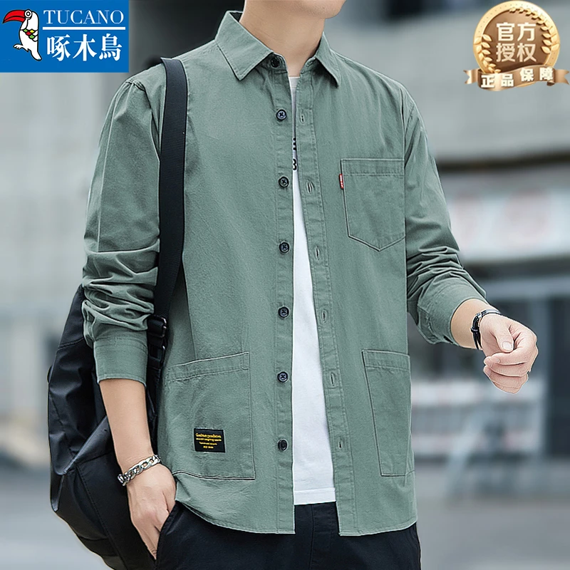 正品啄木鸟男士长袖衬衫春秋季纯棉纯色长袖衬衫多口袋工装外套男
