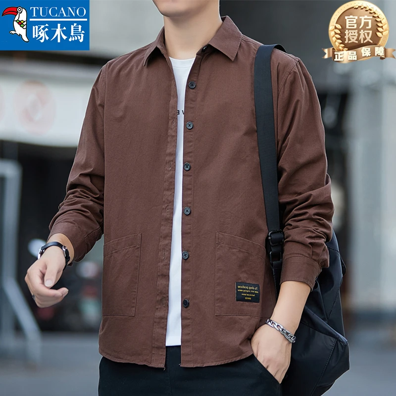 正品啄木鸟高档纯棉长袖男衬衣春秋款纯色宽松多口袋工装衬衫外套