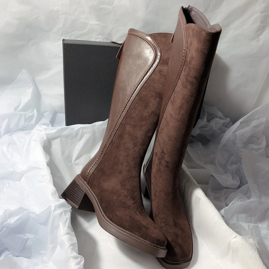 SENYU 超女人味贵妇拼接瘦瘦质感长靴方头后拉链增高女靴