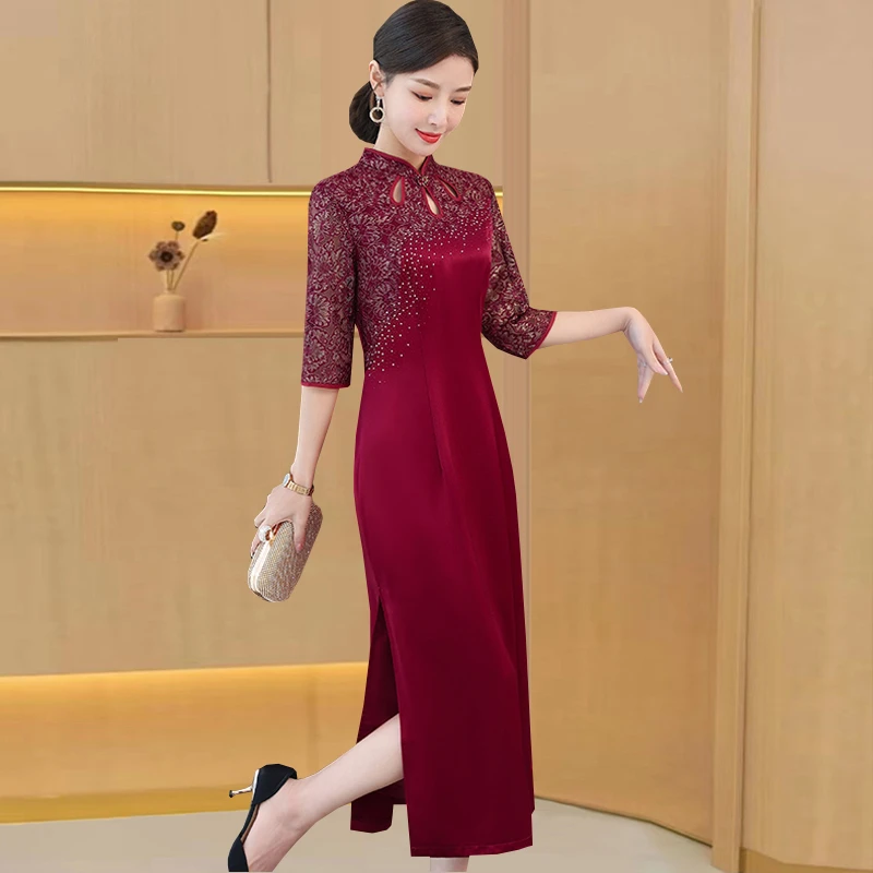 喜婆婆婚宴装高贵洋气夏季蕾丝连衣裙丈母娘高端婚礼妈妈旗袍礼服