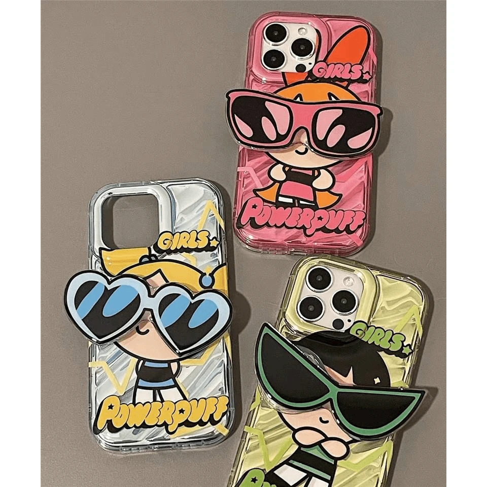 可爱墨镜小女警适用苹果14Promax手机壳带支架iPhone13硅胶防
